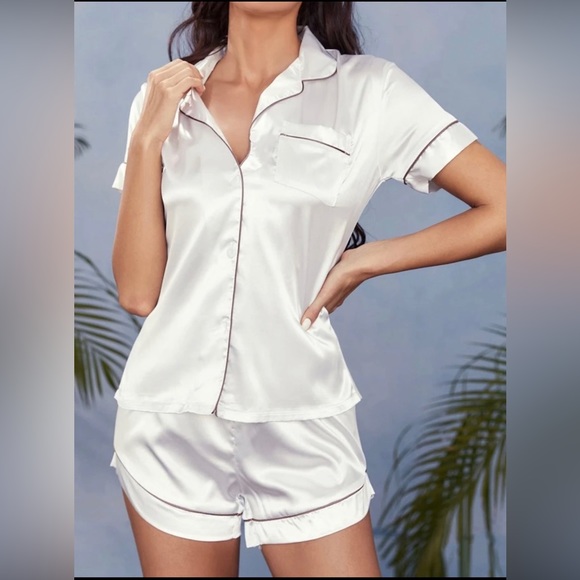 Other - White satan pajamas with brown trim and button front. Perfect for any occasion!